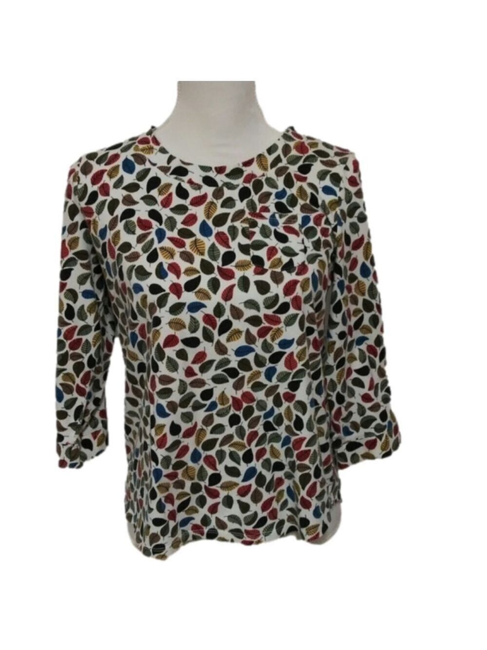 Talbots Petite Multicolor Leaf Pattern Scoop Neck Elbow Sleeve Pullover Fall Top